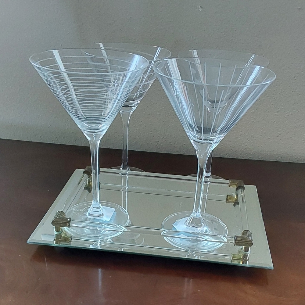 MIKASA CHEERS ACIDE ETCHED MARTINI STEMWARE CRYSTAL GLASS SET OF‎ 4